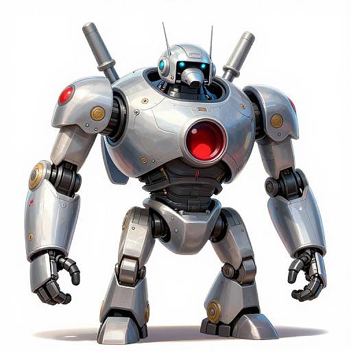 Digital illustration of a silver, robotic warrior with red circular chest and shoulder lights, blue eye, and gold accents. Stands firmly against a white background