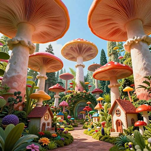 Whimsical digital painting of a fairy-tale forest with giant red and orange mushrooms, tiny houses, lush greenery, and vibrant flowers under a