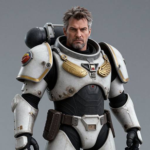 CGI image of a rugged, gray-haired man in detailed, white, armored space suit with gold accents and black chest plate, standing against a gray
