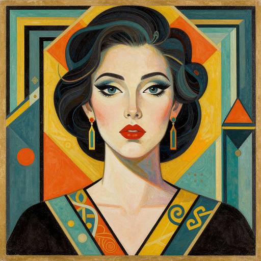 Digital painting of a fair-skinned woman with red lipstick, black wavy hair, green earrings, and black dress, set against geometric, colorful background