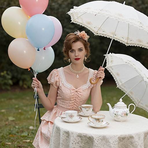 Photograph of a red-lipped woman in a pink lace dress, holding balloons and white parasols, seated at a tea table outdoors.