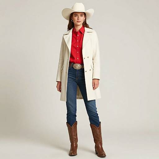 Photograph of a young woman in a white cowboy hat, red shirt, white coat, blue jeans, brown boots, and silver belt.