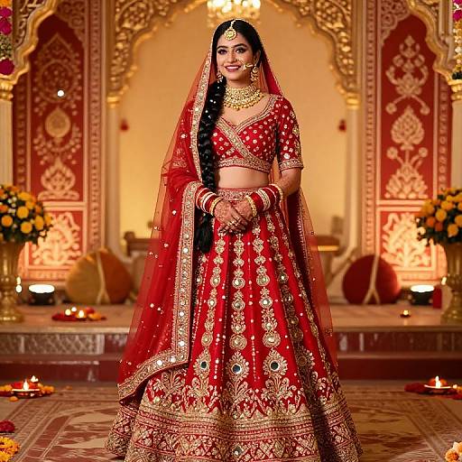 Photograph of a beautiful Indian bride in a red and gold traditional lehenga, veil, and jewelry, standing in an ornately decorated, warmly lit