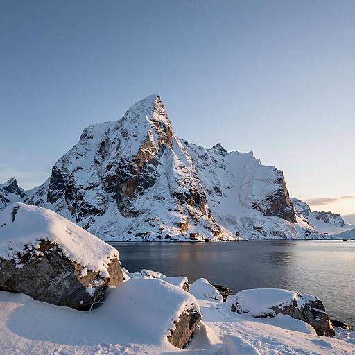 Photograph of a snow-covered, jagged mountain peak with sunlight highlighting its edges, reflecting on a calm, blue sea in the background.