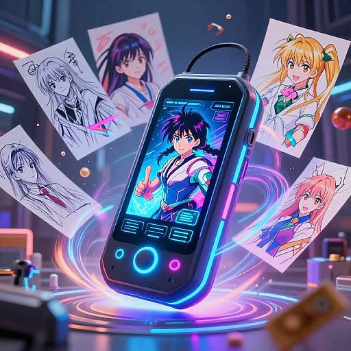 Digital anime art: Glowing smartphone with boy character on screen, surrounded by floating sketches of three girls in school uniforms. Neon blue and pink lights.