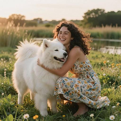Happy Woman Hugging Samoyed Dog in Meadow