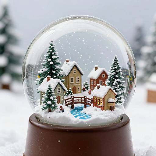 Photograph of a snow globe featuring a snowy village with wooden houses, a bridge, and evergreen trees, set on a dark wooden base.