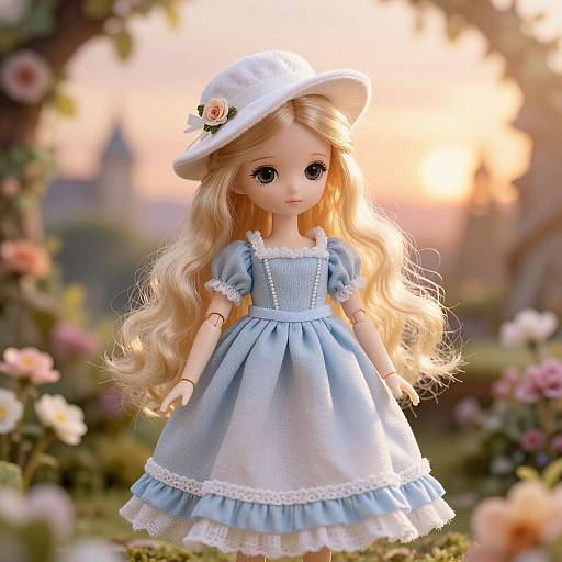 Photograph of a blonde-haired doll in a blue, puffed-sleeve dress and white hat with a rose, standing in a sunlit,