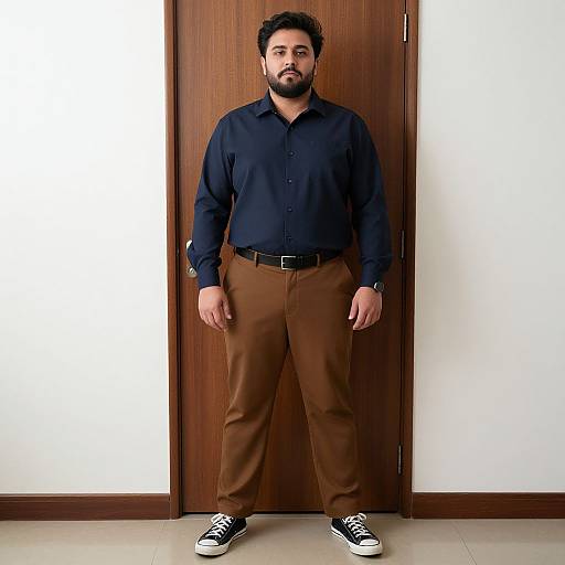 Photograph of a bearded man with dark hair, wearing a navy shirt, brown pants, black belt, and black Converse shoes, standing against
