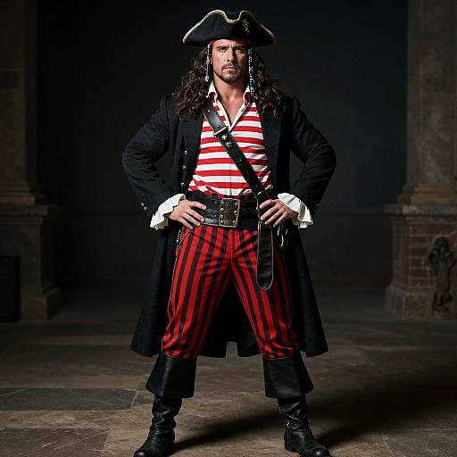 Photograph of a muscular pirate with long dark hair, black tricorn hat, striped red and white shirt, red and black striped pants, black coat