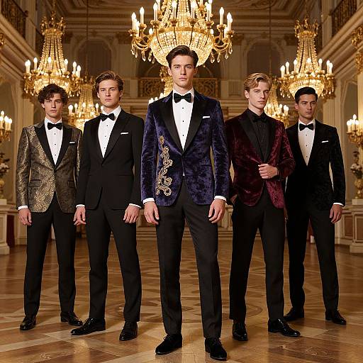 Photograph of five men in formal black tuxedos and bow ties, standing in a luxurious ballroom with grand chandeliers. Center man