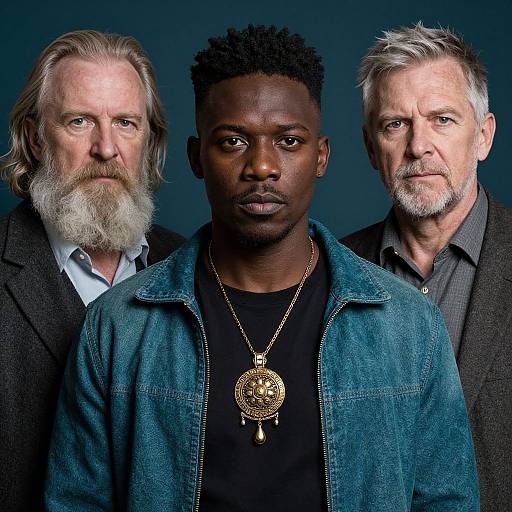 Photograph of three men: a white man with a long beard on the left, a black man with short curly hair in the center, and a