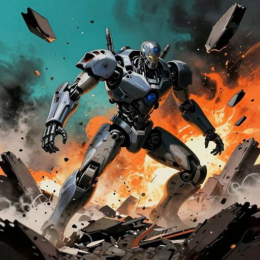 Digital artwork of a powerful, silver robotic warrior with glowing blue eyes, standing amidst a fiery explosion, surrounded by flying debris.