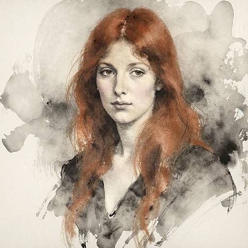 Watercolor portrait of a young woman with long red hair, fair skin, and green eyes, wearing a dark top, against a gray, abstract background