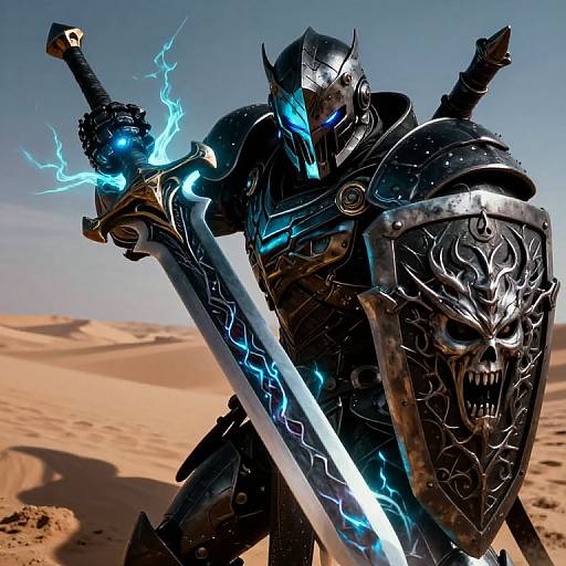 Digital artwork of a fierce, armored warrior with glowing blue electricity on sword and shield, standing in a desert under a clear sky.