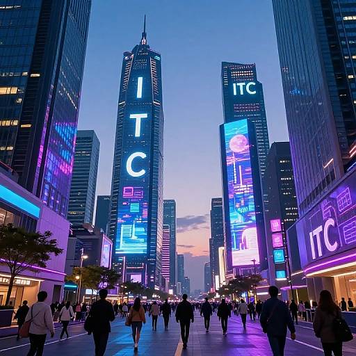 Photograph of a bustling urban street at twilight, flanked by towering, neon-lit skyscrapers with vibrant blue and purple signs, people walking