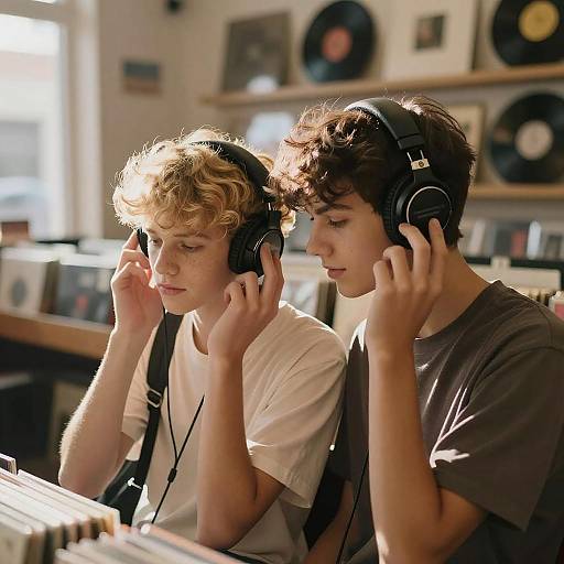 Photograph of two young boys with curly hair, wearing headphones, listening intently in a sunlit record store, surrounded by vinyls.