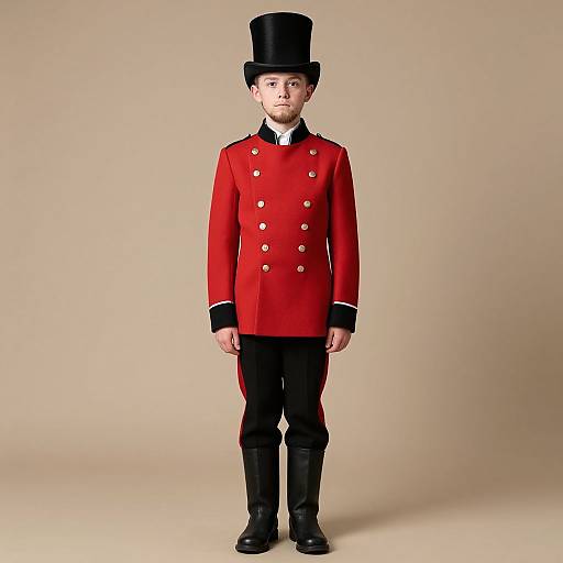 Photograph of a young boy in a red double-breasted military-style coat with black buttons, black trousers, black boots, and a tall black top