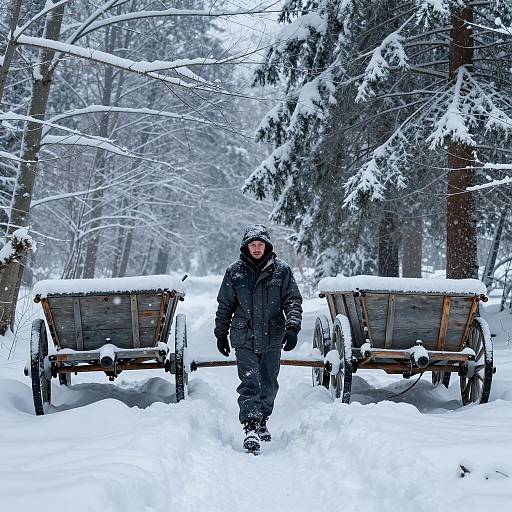 Lone Traveler in a Snowy Forest