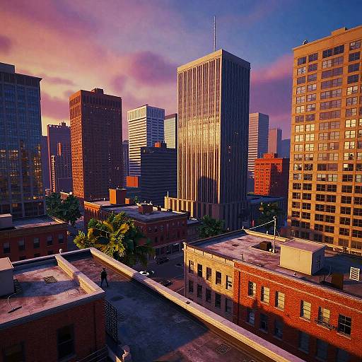 Sunset cityscape photograph of a modern urban skyline with tall, illuminated skyscrapers and lower brick buildings, casting warm golden shadows.