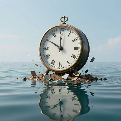 Photograph of a gold pocket watch with black Roman numerals, partially submerged in calm water, with broken fragments around it, reflecting on the surface.