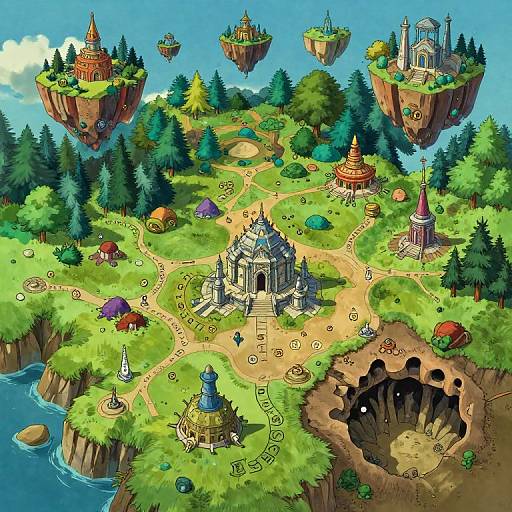 Vibrant, detailed digital illustration of a fantasy island with floating buildings, lush greenery, colorful tents, a central temple, and a cave,