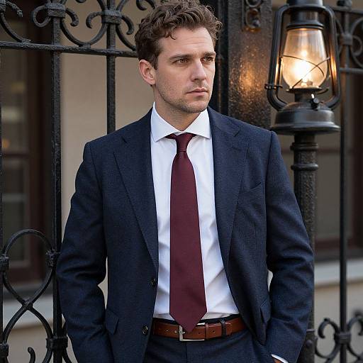 Photograph of a handsome, brown-haired man in a dark suit, white shirt, and maroon tie, standing by an ornate black iron fence