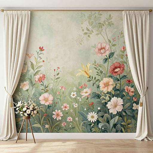 Photograph of a floral wallpaper featuring large pink, white, and red flowers with green leaves, framed by white curtains, and a small wooden table with