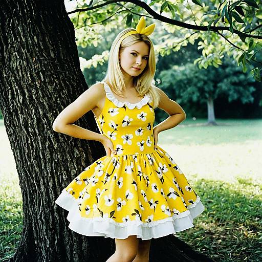 Blonde Woman in Yellow Floral Dress Outdoors