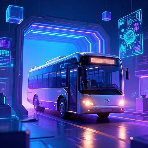 Neon-lit futuristic bus tunnel: blue and purple LED lights illuminate a modern white bus with glowing headlights, digital route display, and holographic control