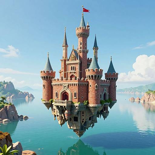Digital illustration of a floating, red-brick, medieval castle with four spires, a red flag, and turquoise waters beneath a clear blue sky.