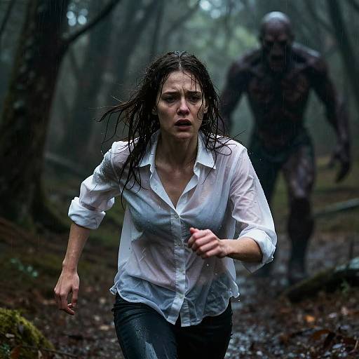 Woman Running from Monster in Rainy Forest