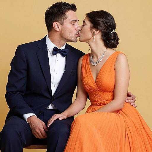 Photograph of a couple kissing; man in black tuxedo with bow tie, woman in vibrant orange dress and necklace, against yellow background.