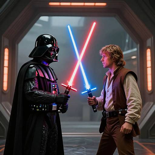 Photograph of Darth Vader and Luke Skywalker in a sci-fi corridor, both holding glowing lightsabers, Vader's red vs. Luke's blue.