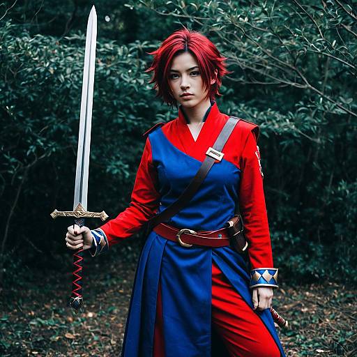 Photorealistic digital art of a red-haired woman in red and blue martial attire, holding a sword, standing in a dark, leafy forest.