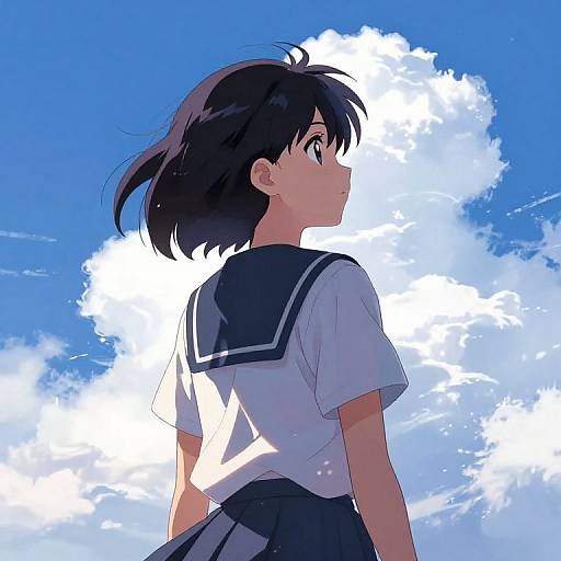 Anime Girl Gazing at Blue Sky