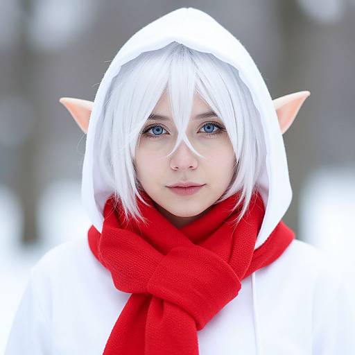 Photograph of a young person with white elf ears, blue eyes, white hair, and red scarf, wearing a white hooded outfit, against a