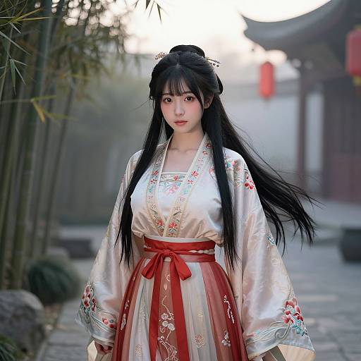 Photograph of an East Asian woman with long black hair, wearing a white floral kimono and red hakama, standing in a traditional Japanese garden at