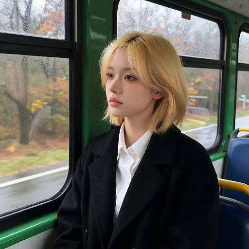 Contemplative Woman on a Rainy Bus