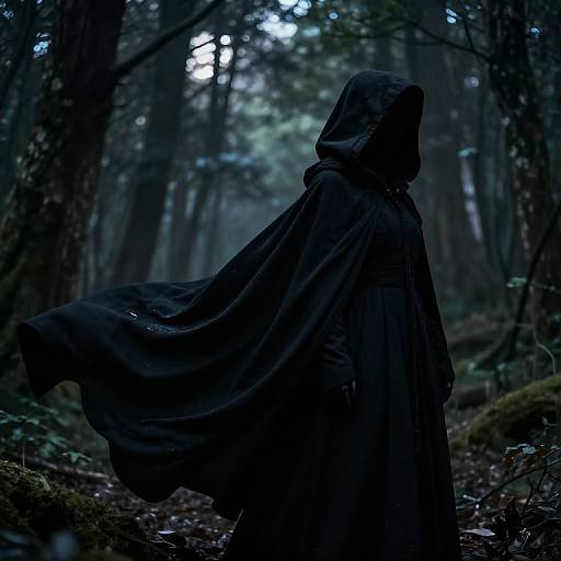 Photograph of a mysterious figure in a dark, flowing cloak with hood, standing in a dimly lit, dense forest.