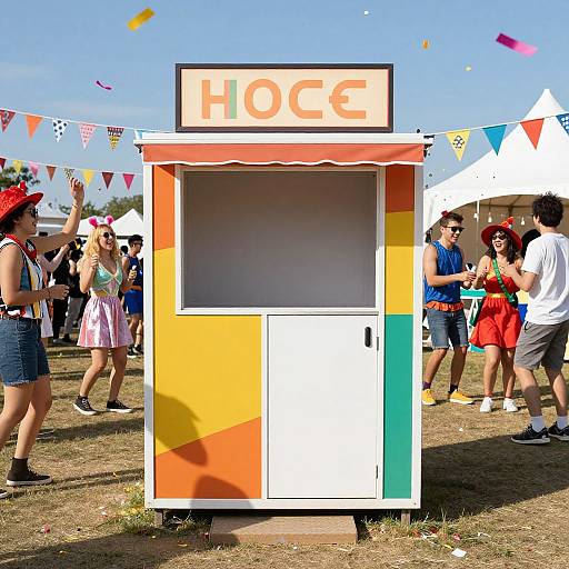 Colorful ice cream cart at a sunny outdoor festival, with people in summer clothes, bunting, and confetti against a clear blue sky.