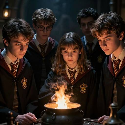 Photograph of four Hogwarts students, three boys and one girl, in dark robes with striped ties, gathered around a lit cauldron in a dim