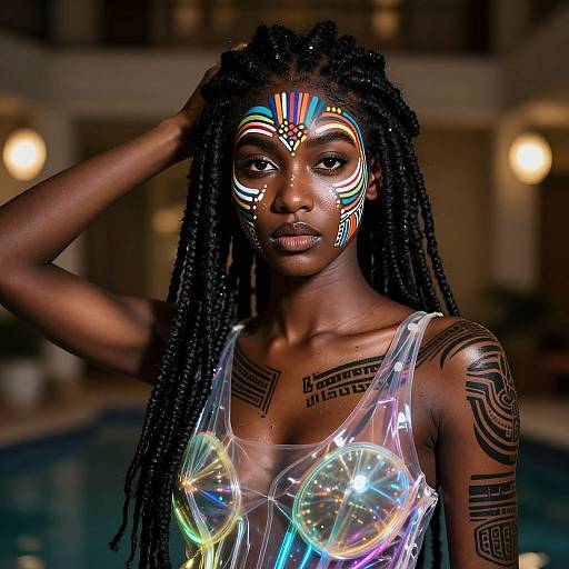 Photograph of a dark-skinned woman with braided hair, glowing face paint, and iridescent top, standing by a pool at night.
