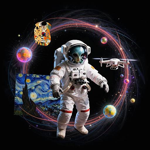 Photograph-style digital art of an astronaut in a white spacesuit with a reflective helmet, surrounded by colorful planets, a drone, and Van Gogh
