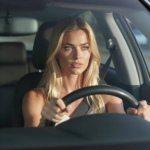 Focused Blonde Woman in Car Interior