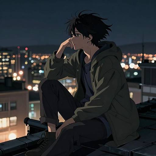 Anime-style digital drawing of a pensive young man with messy black hair, wearing a green hoodie, sitting on a rooftop at night, city lights blurred