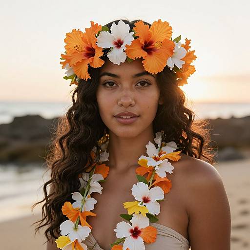 Photograph of a young woman with long, curly brown hair, wearing a flower crown and necklace of orange and white hibiscus, standing on