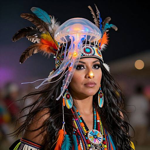 Photograph of a beautiful woman with dark hair, wearing a colorful Native American headdress with feathers and translucent veil, adorned with vibrant jewelry, against a