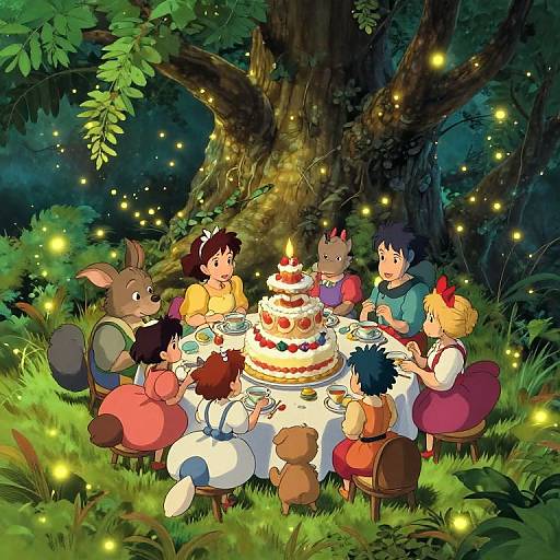 Digital illustration of six anthropomorphic animals and children having a fairy-lit picnic around a layered cake under a large tree.