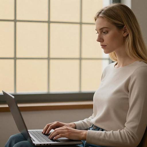 Serious Woman with Laptop in Beige Top